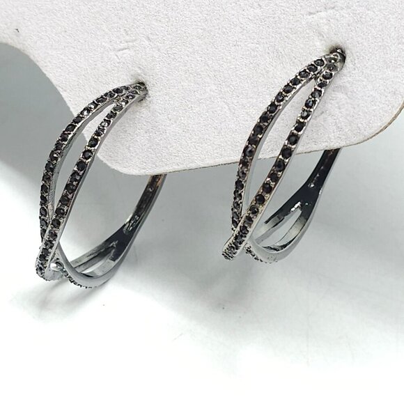 Silver Tone Black Crystal Rhinestone Double Hoop Earrings 1990s - Picture 3 of 5